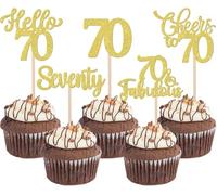 Lot de 30 décorations de gâteau d'anniversaire à paillettes 70e anniversaire Hello 70 Cheers to 70 Cupcake Toppers 70 & Fabulous Seventy Décoration de gâteau pour fête d'anniversaire 70 ans Doré
