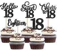 Lot de 30 décorations de gâteau d'anniversaire à paillettes Hello 18 Cheers to 18 Cupcake Toppers Sweet Eighteen 18 décorations de gâteau pour fête d'anniversaire de 18e anniversaire Noir
