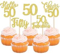 Lot de 30 décorations de gâteau d'anniversaire à paillettes Hello 50 Cheers to 50 Cupcake Toppers 50 et Fabulous Fifty Décoration de gâteau pour fête d'anniversaire 50e anniversaire Doré