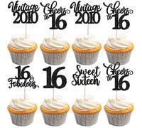 Lot de 30 décorations de gâteau d'anniversaire vintage 2009 à paillettes Sweet Sixteen Happy 16th Cucake Toppers pour prost à 16 ans - Noir
