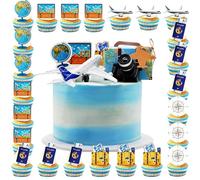 Lot de 30 décorations de gâteau en forme d'avion avec appareil photo 3D, valise, bon voyage, décoration de voyage d'aventure pour départ à la retraite