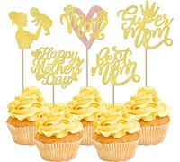 Lot de 30 décorations de gâteau Happy Mother's Day - Cœur à paillettes - Couronne - Décoration de gâteau - Pour fête des mères heureuses - Thème des femmes - Pour anniversaire, fête - Doré