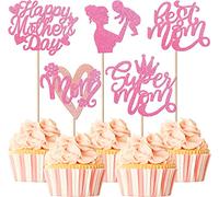 Lot de 30 décorations de gâteau Happy Mother's Day - Cœur à paillettes - Couronne - Décoration de gâteau - Pour fête des mères heureuses - Thème des femmes - Rose