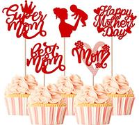 Lot de 30 décorations de gâteau Happy Mother's Day - Cœur à paillettes - Couronne - Décoration de gâteau - Pour fête des mères heureuses - Thème des femmes - Rouge