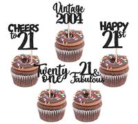 Lot de 30 décorations de gâteau vintage 2004 à paillettes Happy 21st Anniversaire Cheers to 21 Fabulous Twenty One Décoration de gâteau pour 21e anniversaire, mariage, fête Noir