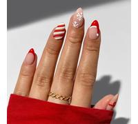 Lot de 30 faux ongles à presser à bout rayé avec nœuds doux pour fête de Noël, manucure de vacances pour femmes, mariées, artificielles réutilisables