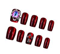 Lot de 30 faux ongles à presser courts carrés - Yeux de chat - Couleur vin - Brillant - Avec yeux du diable et strass - Pour femme - Cadeau