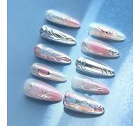 Lot de 30 faux ongles à presser extra longs argentés brillants - Style stilettos chromés - Accessoire de manucure - Poudre chromée pailletée