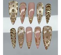 Lot de 30 faux ongles artificiels 3D dorés fondus sans danger pour les ongles naturels et sains