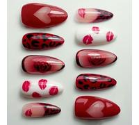 Lot de 30 faux ongles avec baiser rouge imprimé roses en ABS pour un port longue durée