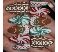 Lot de 30 faux ongles carrés courts en ABS avec cœurs rayés rouges et verts