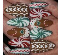 Lot de 30 faux ongles courts carrés rouges et verts à rayures pour les fêtes de fin d'année, tendance, élégants, rayures café
