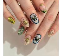 Lot de 30 faux ongles pour nail art - Motif papillon brillant - Pour manucure rapide - Application facile - Accessoire doré scintillant