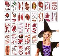 Lot de 30 feuilles de tatouages pour Halloween, visage, cicatrices, tatouages temporaires, étanches, horreur, faux tatouages zombies pour maquillage de fête d'Halloween