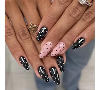 Lot de 30 ongles à presser noirs brillants - Amande court chic à pois rose naturel moderne et minimaliste - Pois d'inspiration française pour femme au quotidien et occasions spéciales