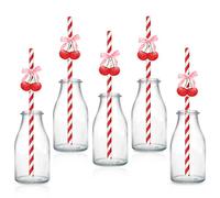 Lot de 30 pailles en papier recyclables sur le thème des cerises - Rayures rouges cerise - Pour fête, restaurant, jus, café, boissons froides - Pour anniversaire, mariage et fête
