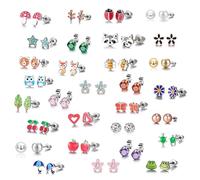 Lot de 30 paires de boucles d’oreilles à tige en acier inoxydable avec motif d’animaux mignons et cœurs, étoiles, coccinelles, grenouille, champignon, arbre, marguerite, or rose, perle blanche