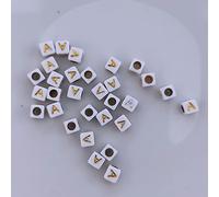 Lot de 30 perles de lettres, 6 x 6 mm, blanches avec or, carrées, avec trou pour le bricolage pour bijoux, bracelet, montre et lettres, pour enfants, grand petit cube acrylique alphabet (lettre A)