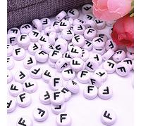 Lot de 30 perles en forme de lettres de l'alphabet - 4 x 7 mm - Blanc avec noir - Ronde - Avec trou pour bricoler des bijoux - Bracelet montre - Lettre F - Pour enfants