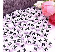 Lot de 30 perles en forme de lettres de l'alphabet - 4 x 7 mm - Blanc avec noir - Ronde - Avec trou pour bricoler des bijoux - Bracelet montre - Lettre M
