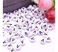 Lot de 30 perles en forme de lettres de l'alphabet - 4 x 7 mm - Blanc avec noir - Ronde - Avec trou pour bricoler des bijoux - Bracelet montre - Lettre V