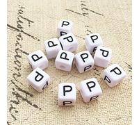 Lot de 30 perles en forme de lettres de l'alphabet - 6 x 6 mm - Blanc avec noir - Carré - Avec trou pour la fabrication de bijoux - Bracelet montre - Lettre P
