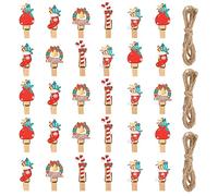 Lot de 30 pinces à linge en bois de Noël avec ficelle, mini pinces à linge en bois de 3,5 cm, pinces à linge en bois de 3,5 cm, pinces à linge en bois pour cartes de Noël, élan, gants, flocon de