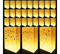 Lot de 30 sachets lumineux en papier : 3 styles de sacs lumineux blancs décoratifs ignifuges pour bougies LED, bougies chauffe-plat, sacs en papier pour anniversaire, décoration de table, mariage