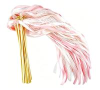 Lot de 30 serpentins de mariage avec cloche, serpentins avec bâtons en bois, baguette de fée en soie pour mariages, anniversaires, fêtes et fêtes de vacances (rose)
