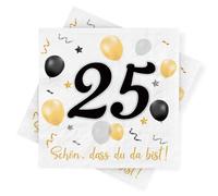 Lot de 30 serviettes en papier pour 25e anniversaire - Noir et doré - Décoration de table pour 25e anniversaire - « Schön, dass Du da bist » - 3 couches - Pour homme et femme