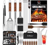Lot de 30 ustensiles de Barbecue en Acier Inoxydable de qualité supérieure - Pince à Barbecue - avec Mallette et Tapis de Barbecue pour Homme - Cadeau pour Le Jardin, Le Camping - Marron