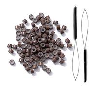 Lot de 300 perles de 5 mm doublées en silicone pour coller des extensions de cheveux humains et 2 extensions de cheveux - Enfile-aiguille - Outil de tirage pour cheveux ou extensions de plumes marron