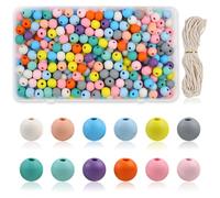 Lot de 300 perles en bois à enfiler - 10 mm - Perles en bois multicolores avec trou - Grandes boules en bois pastel avec ruban ciré - 12 couleurs - Perles de bricolage en bois pour la fabrication de