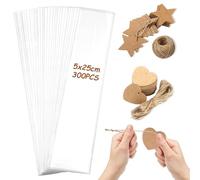 Lot de 300 petits sacs en cellophane 5 x 25 cm - Sachets transparents avec 200 étiquettes décoratives (100 cœurs + 100 étoiles) et 2 x 20 m de cordon en lin pour bonbons, bougies, mariage, fête