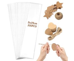 Lot de 300 petits sacs en cellophane 5 x 25 cm - Sachets transparents avec 200 étiquettes décoratives (100 cœurs + 100 étoiles) et 2 x 20 m de cordon en lin pour bonbons, bougies, mariage, fête