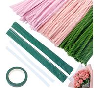 Lot de 300 Pièces Cure Pipe, Fil Chenille, Cure-Pipe pour Fleurs Tulipes,3 Couleurs,1 Bâton de coll,Avec 1 Rouleau Ruban de Fleuriste et 20 Tige Fleur - Pour le Bricolage