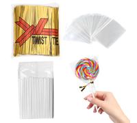 Lot de 300 sachets à cake pop, bâtonnets de sucettes, attaches de pain, attaches de sac, 300 pièces (ensemble : sac + serre-câble + bâton)