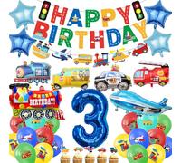 Lot de 31 décorations de 3e anniversaire de voiture pour garçon - Décoration de fête avec ballons en aluminium « Happy Birthday », train, avion, camion de pompiers, pour enfants de 3 ans
