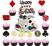 Lot de 31 Décorations de Gâteau d'Anniversaire à Paillettes Casino Cupcake Toppers Poker Cœur Jeu de Chance Muffin Las Vegas Nuit Thème Fête