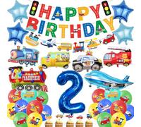 Lot de 31 décorations pour 2ème anniversaire de voiture pour garçon | Comprend des ballons en aluminium « Happy Birthday » en forme de camion de pompiers pour enfants de 2 ans