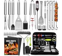 Lot de 32 accessoires de barbecue en acier inoxydable avec sac de transport, thermomètre, tapis de cuisson pour le camping et le barbecue dans le jardin, ensemble d'outils pour homme et femme
