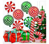 Lot de 32 ballons de Noël en forme de canne à sucre d'orge avec rubans, ballons en mylar rouge et vert pour décorations de fête