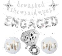 Lot de 32 ballons décoratifs argentés pour mariage, fiançailles, bannière « She Said Yes », « Mr Mrs », diamant, pour alliance, accessoires pour fête de fiançailles, décoration de mariée