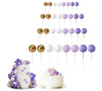 Lot de 32 boules de décoration de gâteau, mini ballons en mousse pour fête de mariage, anniversaire (violet, blanc, doré)