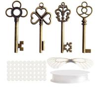 Lot de 32 breloques vintage Master Key Flying Key avec 32 paires d'ailes de libellule et cordon en cristal élastique de 25 m pour la fabrication de bijoux, mariage, cadeau, décoration de chambre
