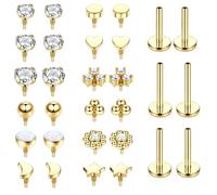 Lot de 32 clous d'oreilles à dos plat pour femme en acier chirurgical, filetage interne, tragus, boucles d'oreilles dorées, bijoux de piercing pour oreille, cartilage, hélix, avec boule de piercing
