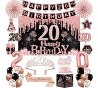Lot de 32 décorations d'anniversaire pour 20e anniversaire pour femme, y compris fond, couronne, écharpe, bannière, tourbillon suspendu, décoration de gâteau, ballons, éventails en papier, carte