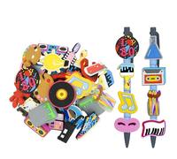 Lot de 32 décorations de crayons artistiques pour pailles, stylos, cuillères - musique, palette, cassette des années 80, science, microphone, peinture, motifs rétro - Décoration de papeterie en