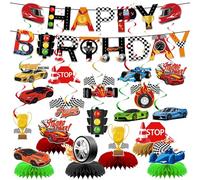 Lot de 32 décorations de fête d'anniversaire en forme de voiture de course comprenant une bannière de voiture de course, des tourbillons suspendus et des centres de table en nid d'abeille