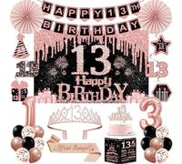 Lot de 32 décorations de fête d'anniversaire pour 13e anniversaire, y compris fond, couronne, écharpe, bannière, tourbillon suspendu, décoration de gâteau, ballons, éventails en papier, carte